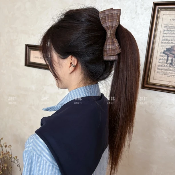 格纹美学～香蕉夹！早秋森系呢格子蝴蝶结香蕉夹女后脑勺大号马尾夹