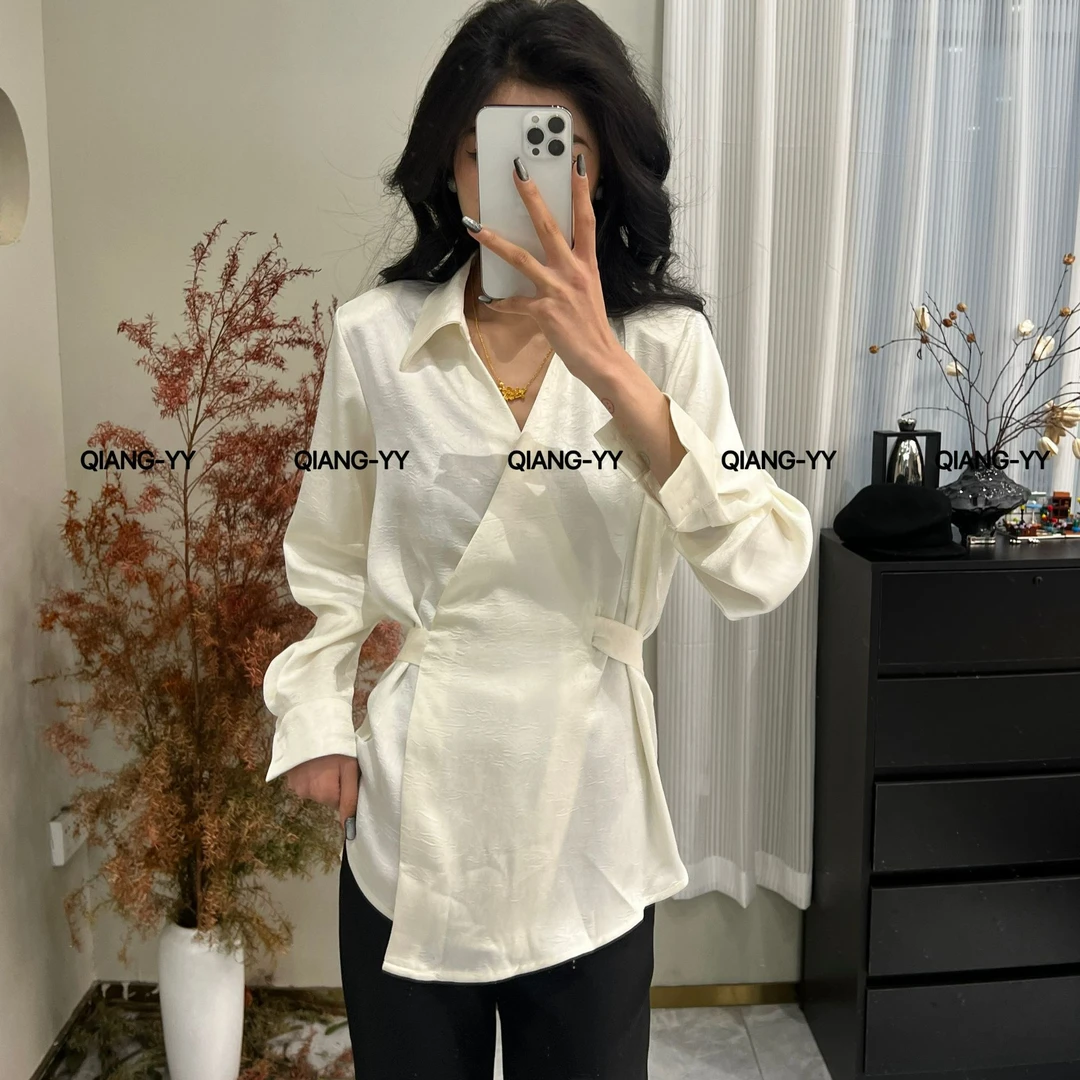 气质春季QIANG-YY设计感系带衬衫长袖纯色性感休闲风收腰156