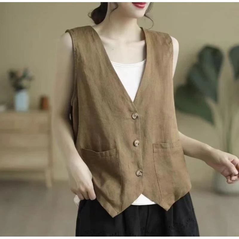 【当天发+退换包邮】棉麻马甲女夏季百搭外搭上衣休闲短款马夹486