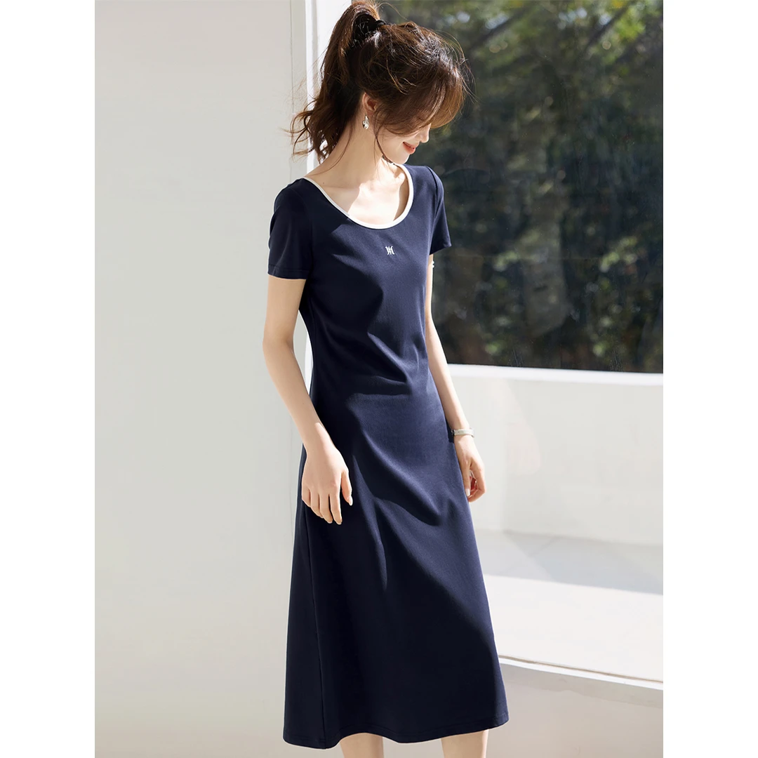 沫晗依美棉感A字短袖T恤裙2025秋季新款百搭休闲慵懒显瘦长裙女款