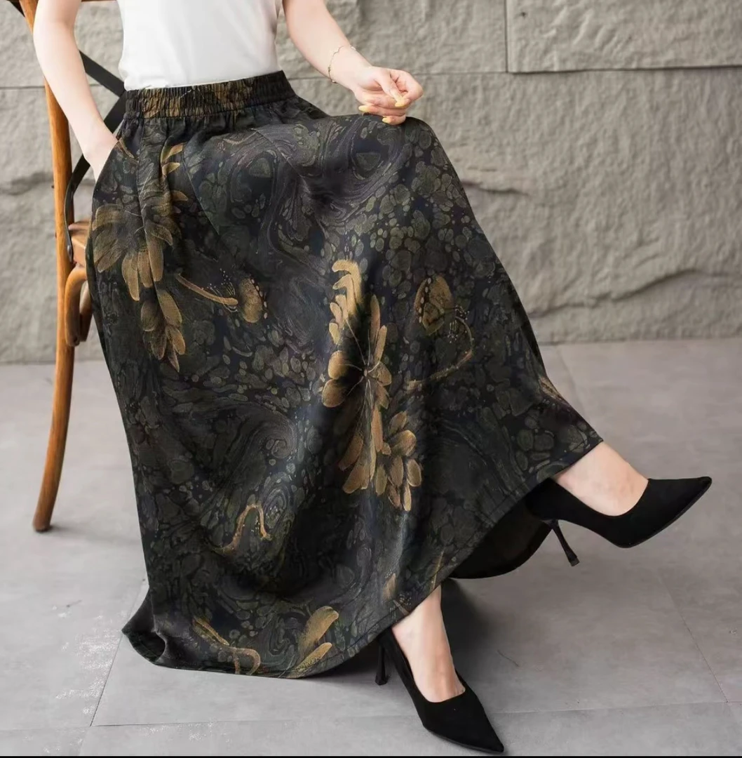 夏季新款云锦段显瘦百搭半身裙A字新款印花中长款裙气质A066