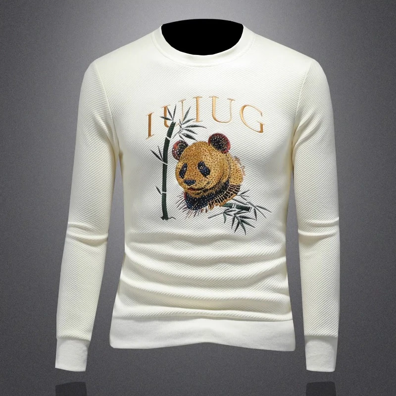 刺绣烫钻卫衣男士圆领套头打底衫熊猫小熊长袖T恤衣服秋冬季潮牌