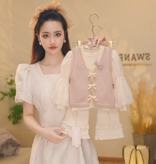 【Y.a5049】25春季新款女童甜美蝴蝶结气质百搭长裤女宝时尚套装