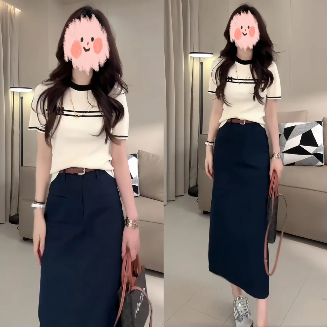 洋气休闲装2025夏季撞色短袖针织上衣T恤百搭半身裙显瘦气质套装