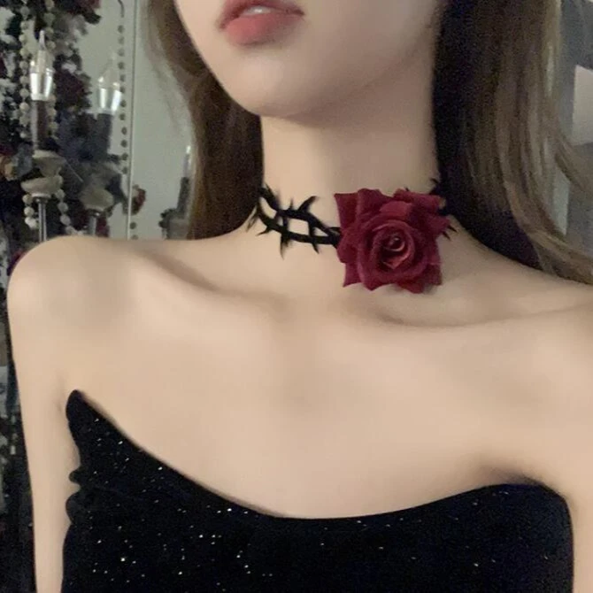 合金布艺项链 X0111复古项链女颈带暗夜玫瑰荆棘choker脖颈链项圈