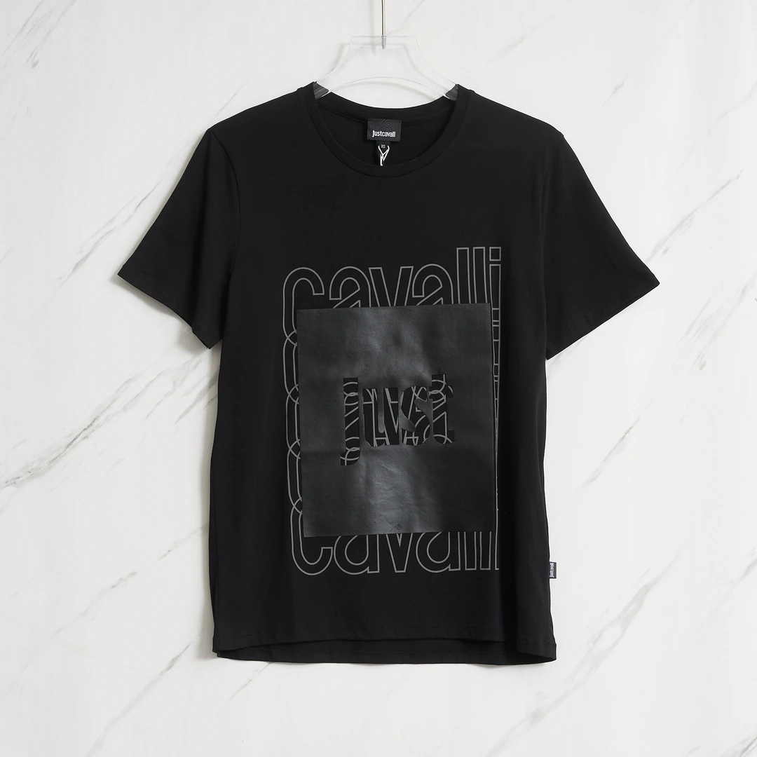 Just Cavalli男士纯黑字母贴布T恤/J1BU00028