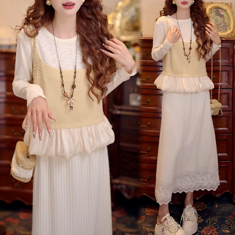 韩系氛围感穿搭套装女2025年春秋新款花苞打底衫马甲半身裙三件套