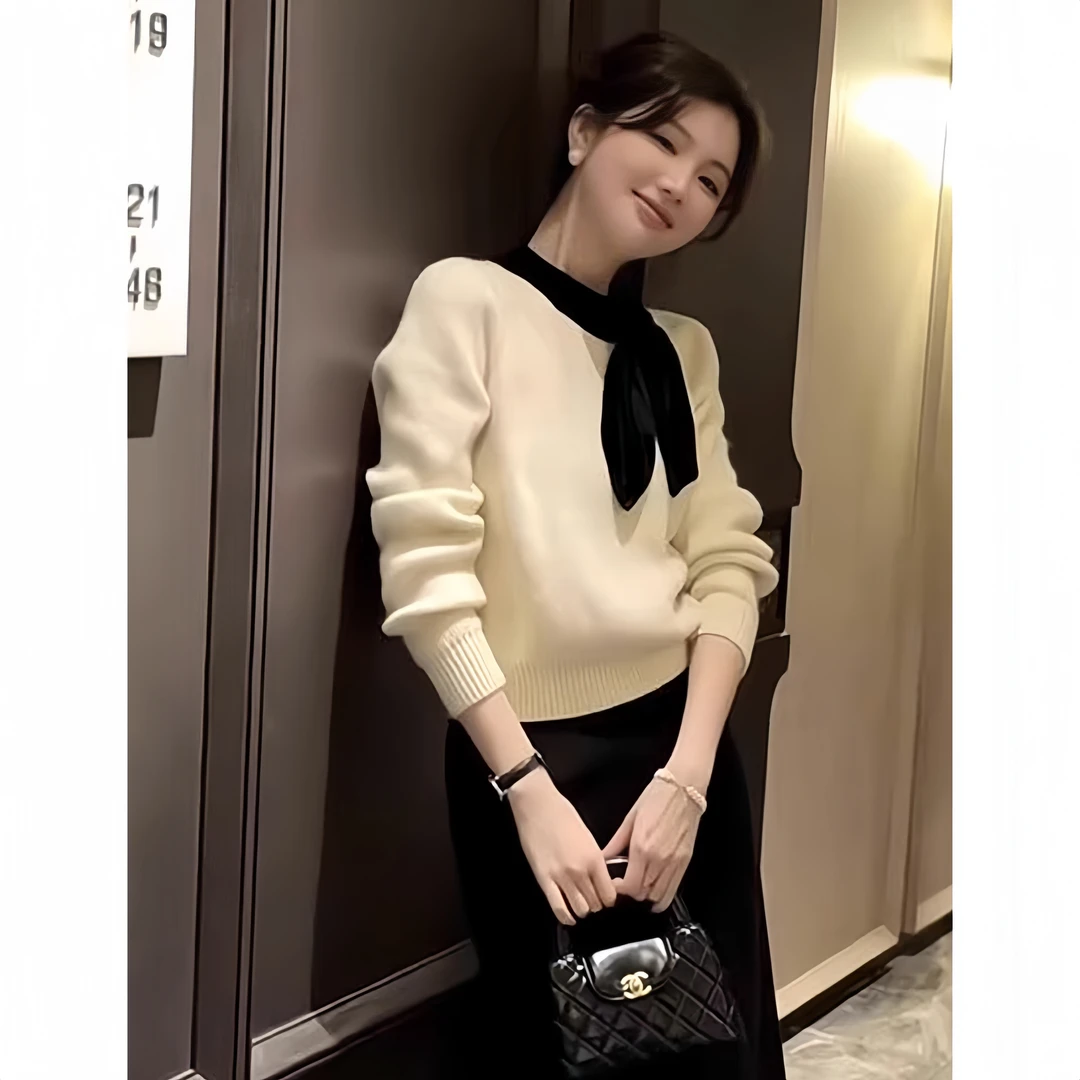 韩系蝴蝶结系带毛衣女秋冬新款撞色百搭时尚气质减龄针织衫上衣潮