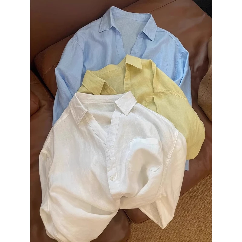 法式白色棉麻长袖衬衫女春夏薄款宽松设计感小众衬衣外搭防晒上衣