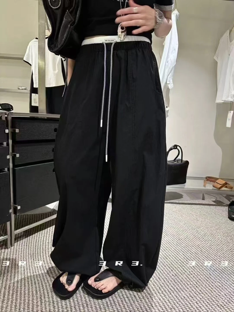 夏季新款抽绳弯刀气球裤拼色腰头显瘦阔腿休闲长裤