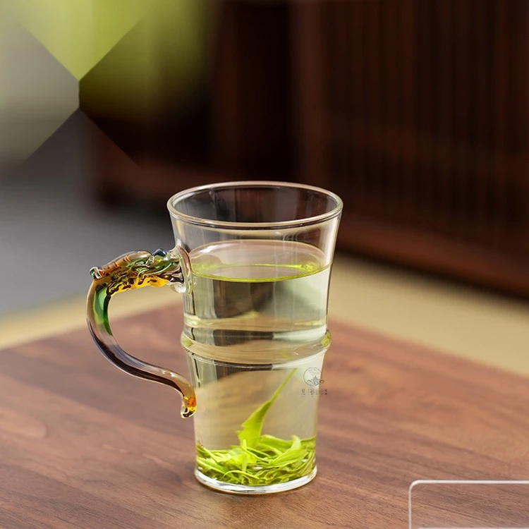 龙凤对樽绿茶杯加厚家用办公杯玻璃杯复古国潮风高硼硅透明玻璃杯