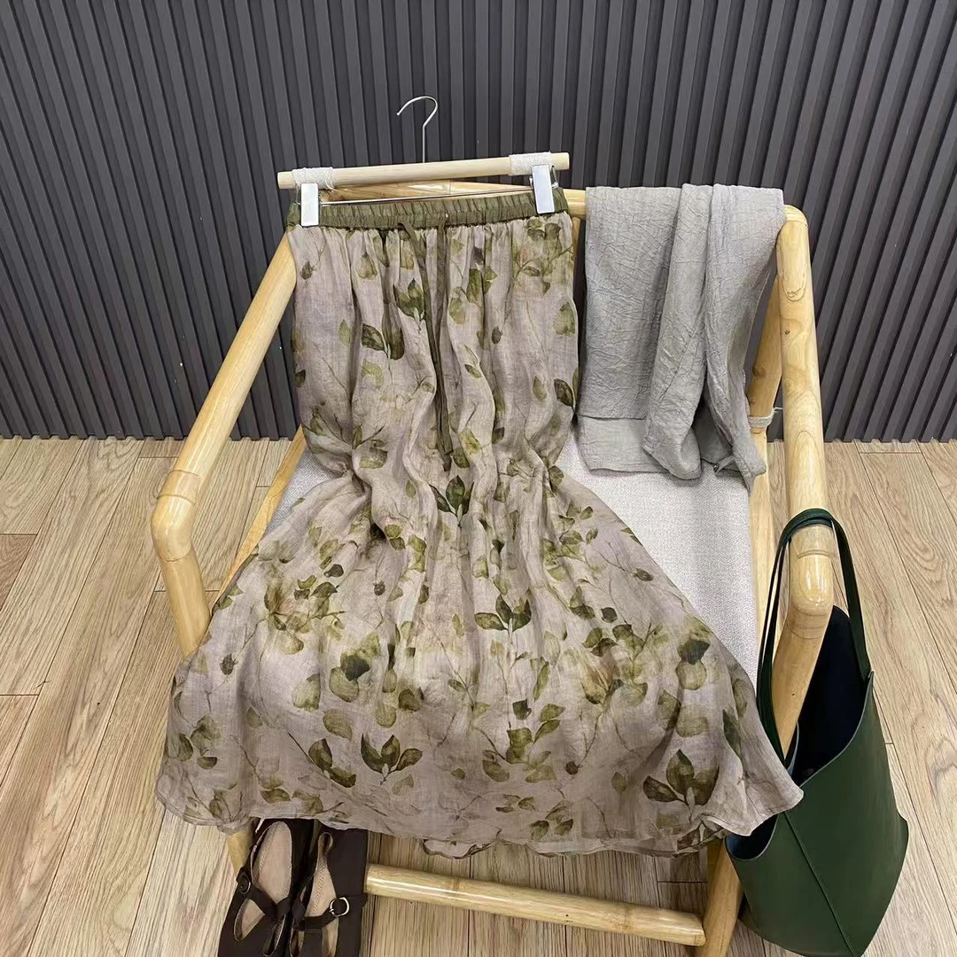 苎麻印花半身裙高腰抽绳碎花复古文艺国风中长款A字裙女Q2400a