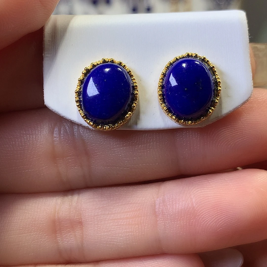 青金石银S925镶嵌耳饰