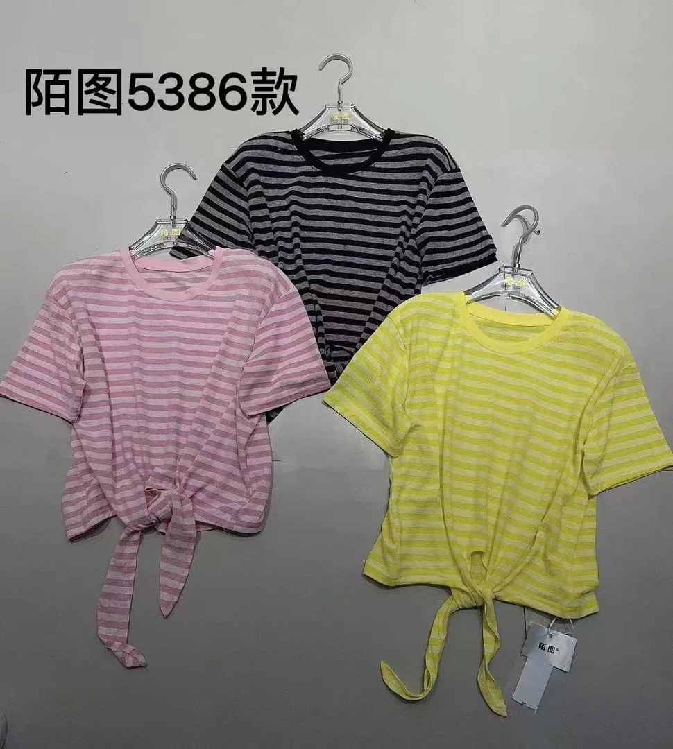 陌图5386夏季新款绑带防晒条纹T恤上衣