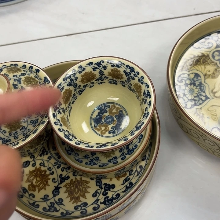 瓷片釉里金缠枝莲5件套景德镇