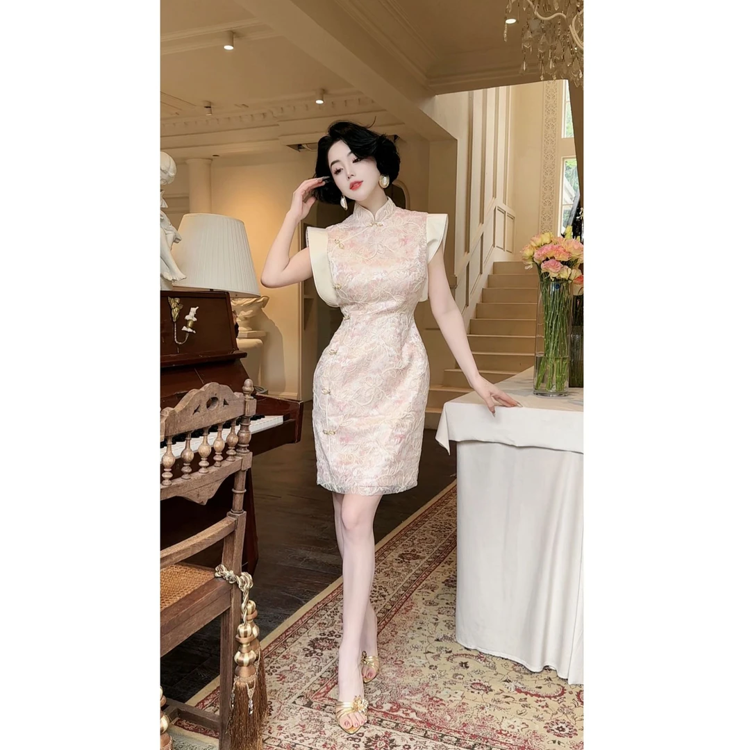 【淡粉璎珞】五一旅游出街系列新中式旗袍连衣裙提花缎+蕾丝11913