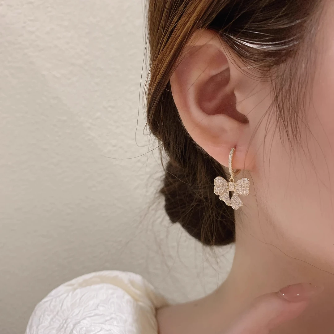 黄铜锆石耳饰 蝴蝶结法式水钻耳环女小众高级感时尚百搭耳饰