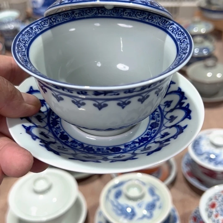 瓷片白青花宝相元宝盖碗全品
