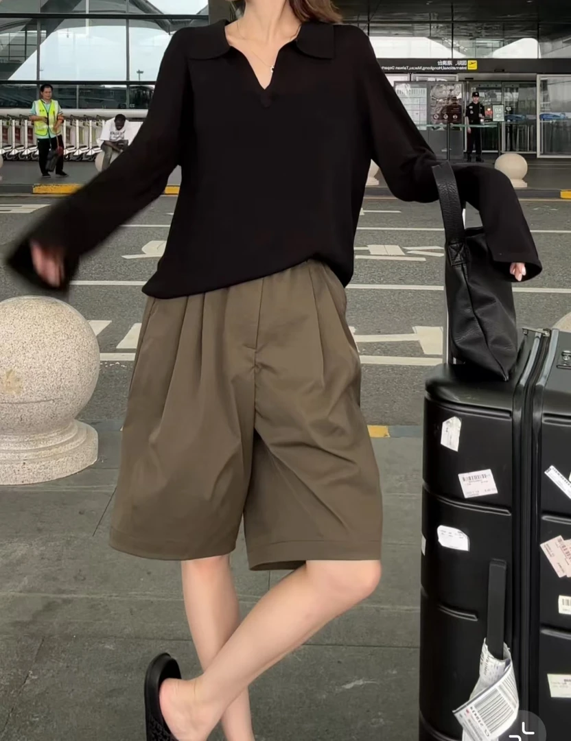 新款松紧腰百搭极简休闲五分裤长袖百搭上衣