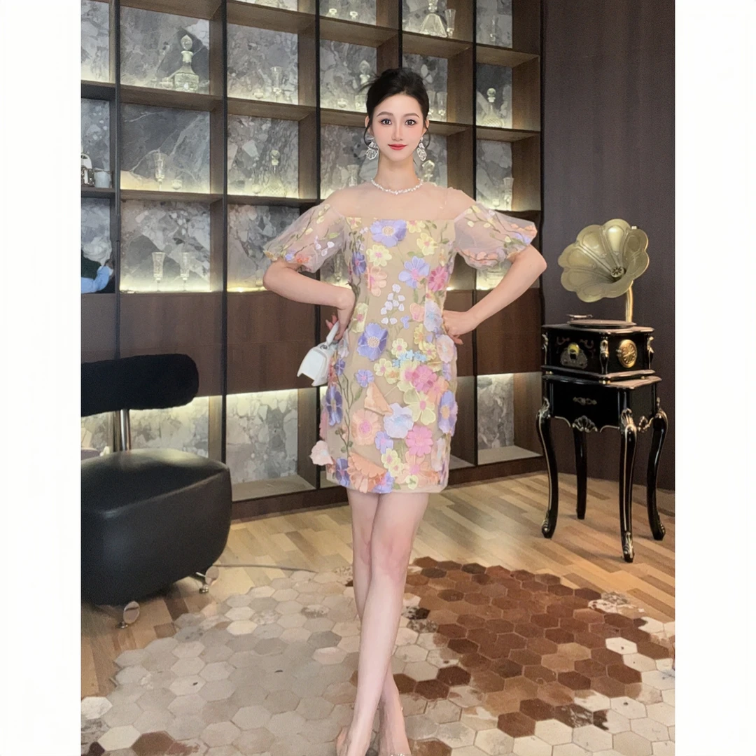 9036碎花显瘦气质轻奢时尚夏季复古设计师小个子修身优雅连衣裙