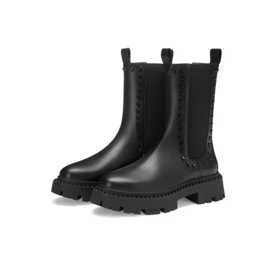 【强哥外贸】英伦风靴子时尚黑色真皮厚底短靴潮流圆头全真皮