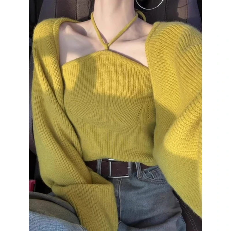 黄色元气两件套针织上衣女2025秋季新款小众百搭显瘦减龄韩系穿搭