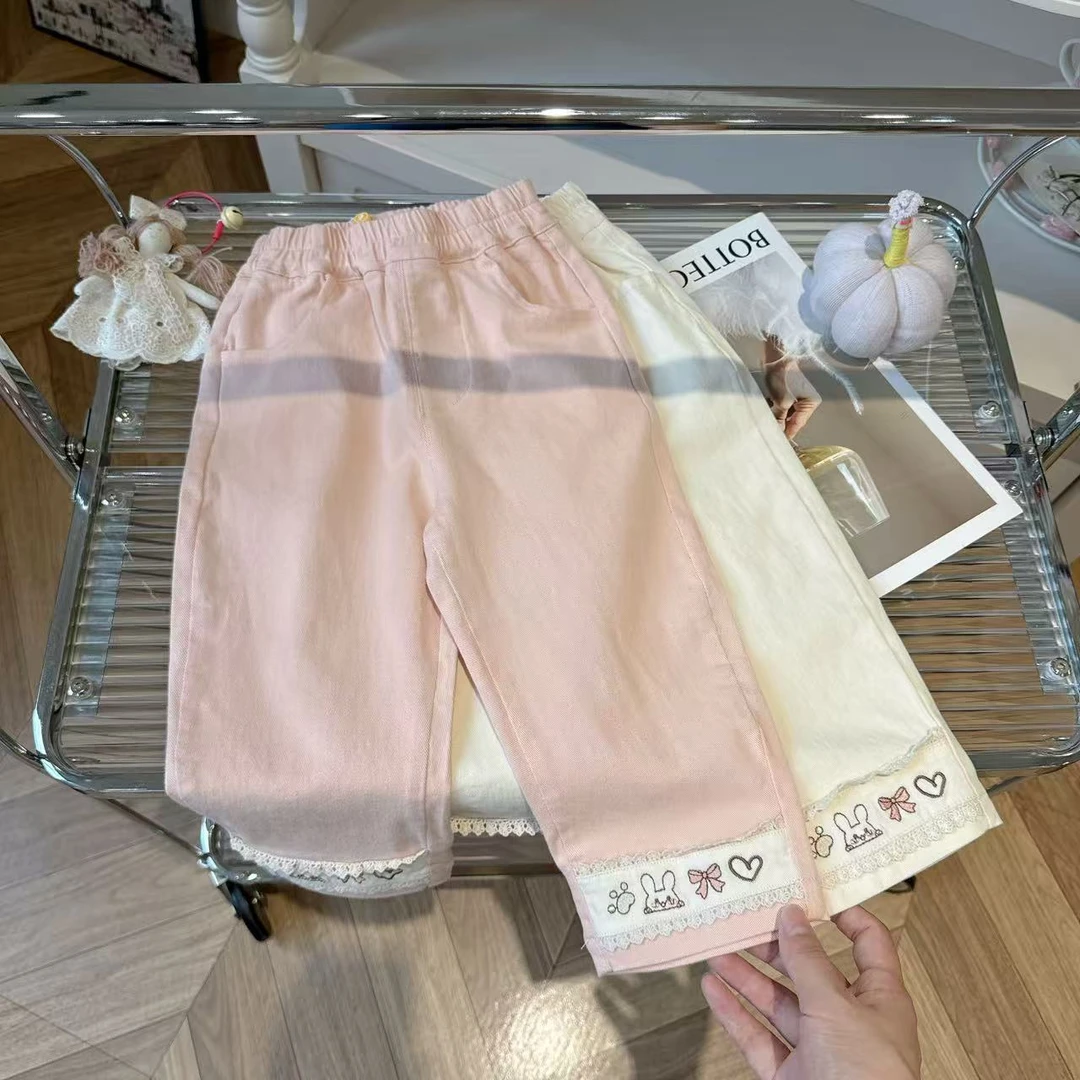 鹿小冉韩版女童秋款甜美花边刺绣萝卜裤棉布裤