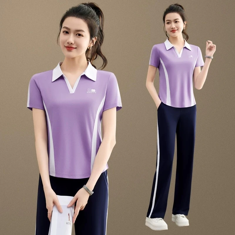 运动服套装女夏季洋气年轻妈妈广场舞跑步衣服中年妇女拼色9069