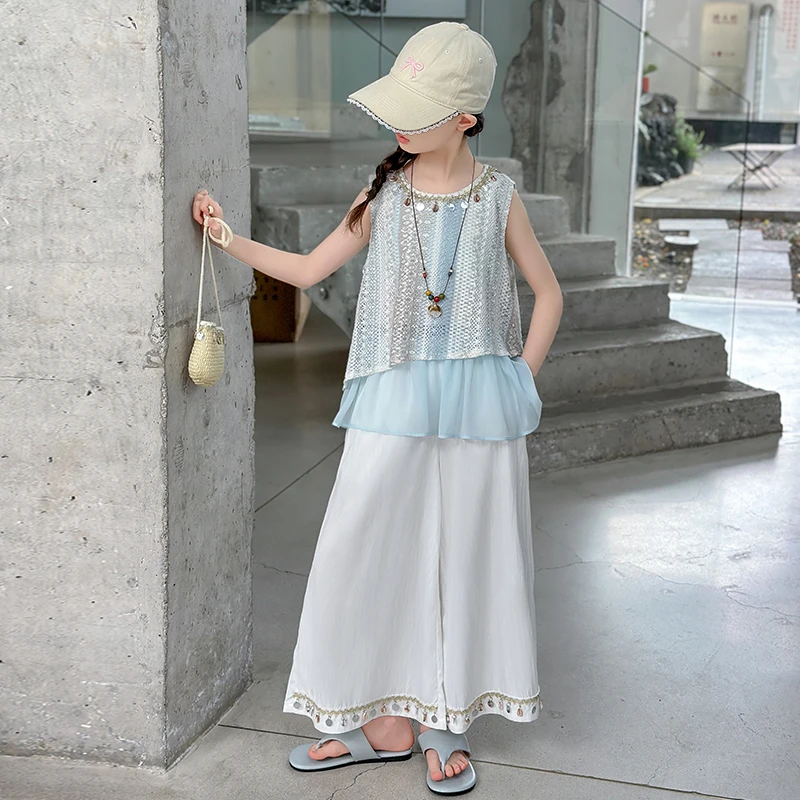 女孩夏季阔腿裤假两件套2025夏季新款中大童女童碎花波西米亚裙子