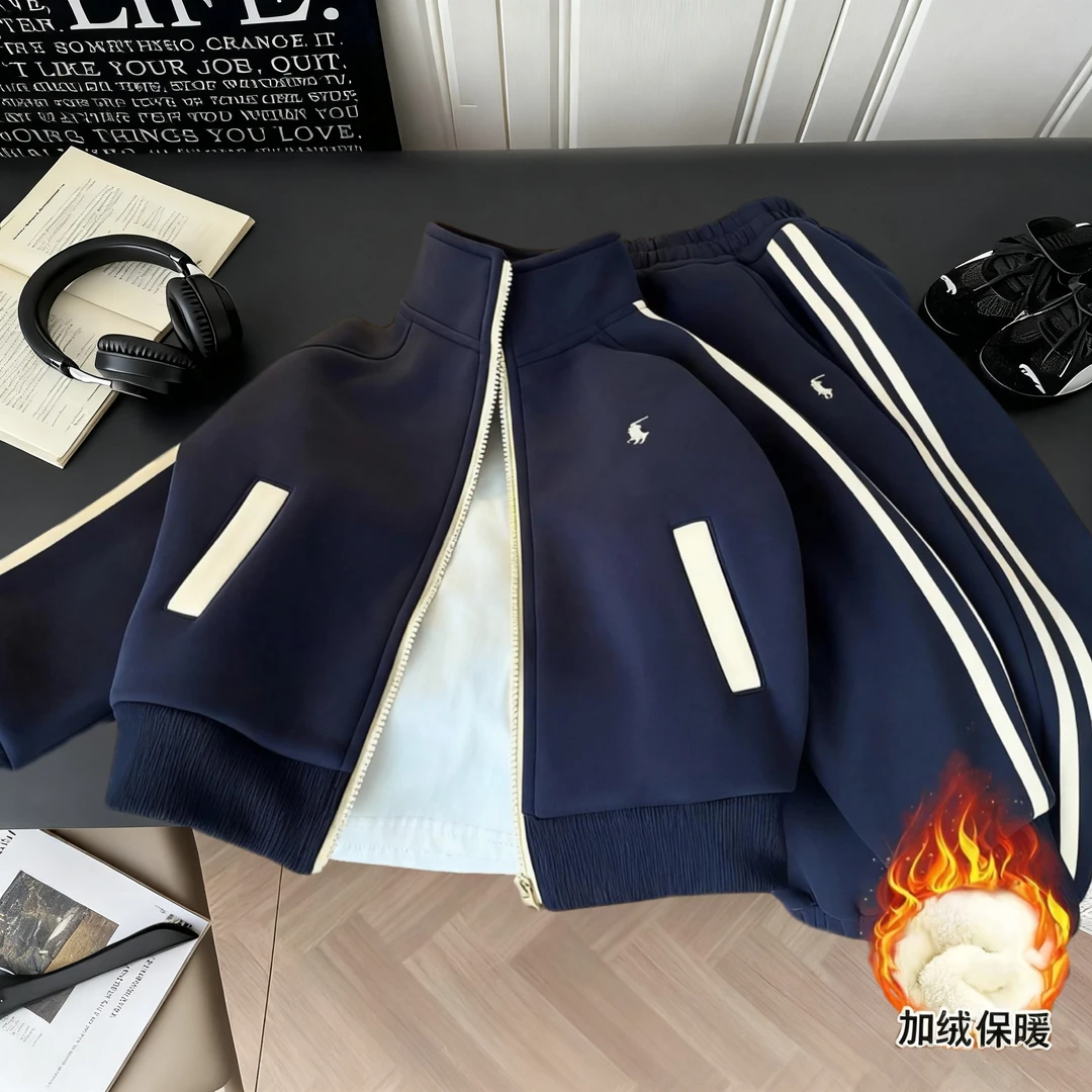【加绒加厚】秋冬新款儿童时尚拼色休闲运动套装韩版