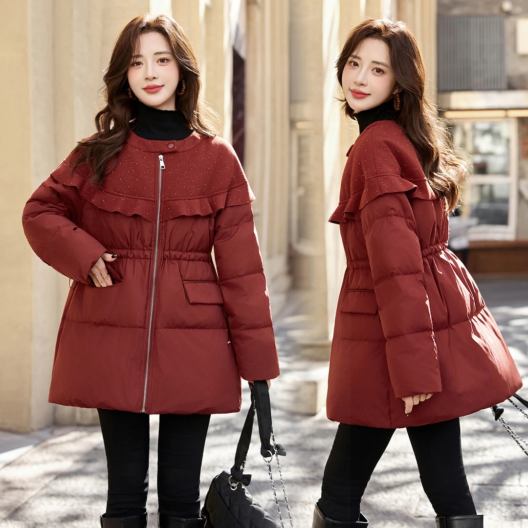 保暖中长款女款纯色白鸭绒羽绒服外套2025秋冬新款显瘦连帽加厚女