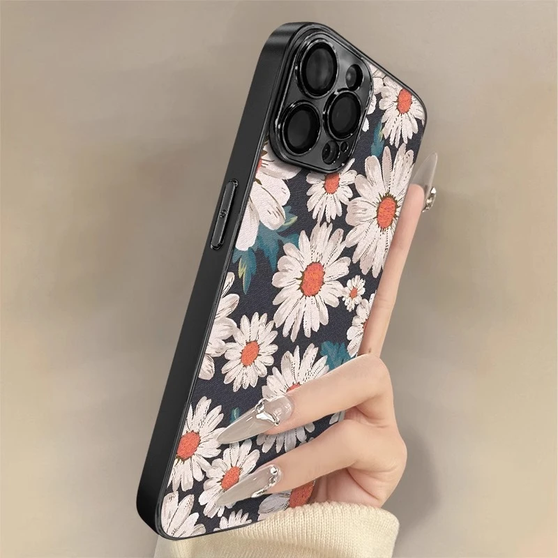雏菊大花适用苹果16pro复古手机壳iPhone15promax电镀14p国潮女款