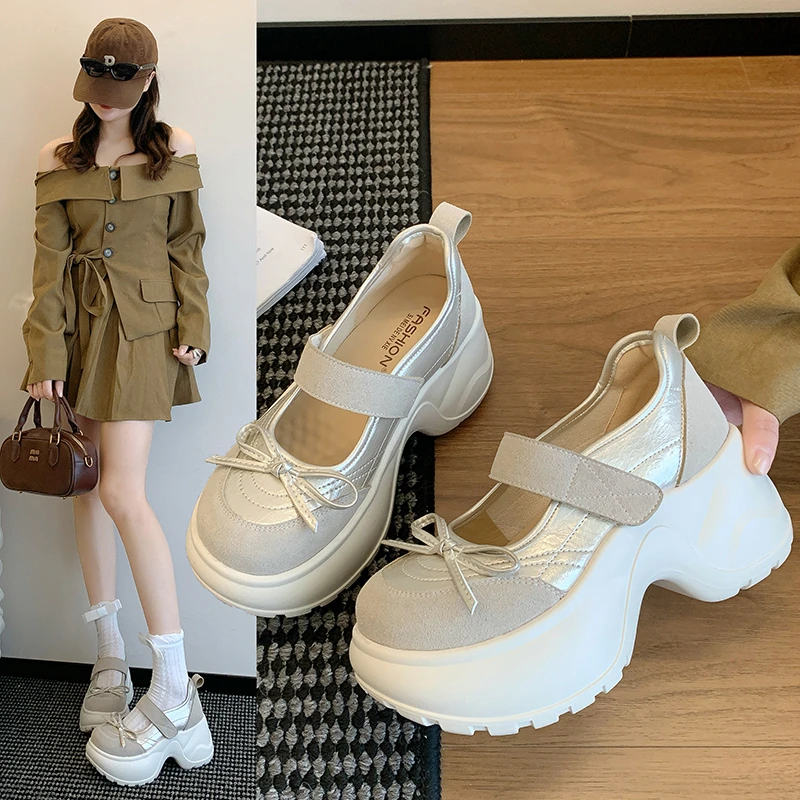 蝴蝶结厚底法式高跟玛丽珍小皮鞋女2025夏秋新款小个子魔术贴单鞋