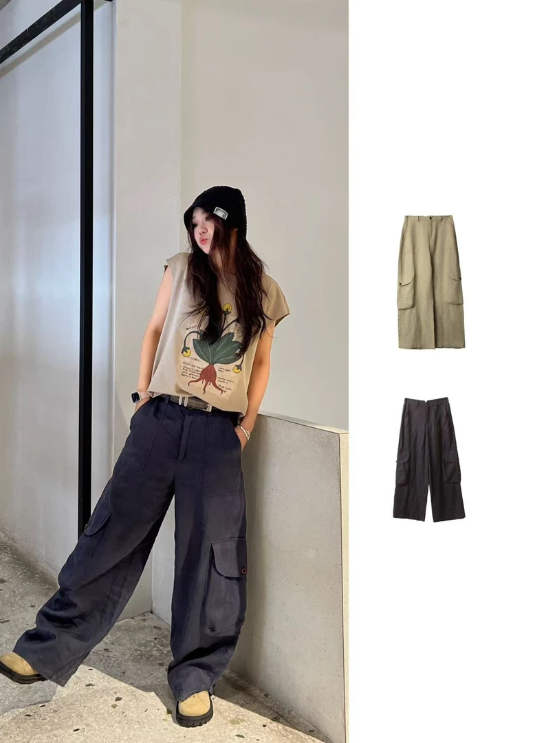 【ICE DUST】25春夏25SSPA51MD/OB设计师亚麻大口袋阔腿工装裤