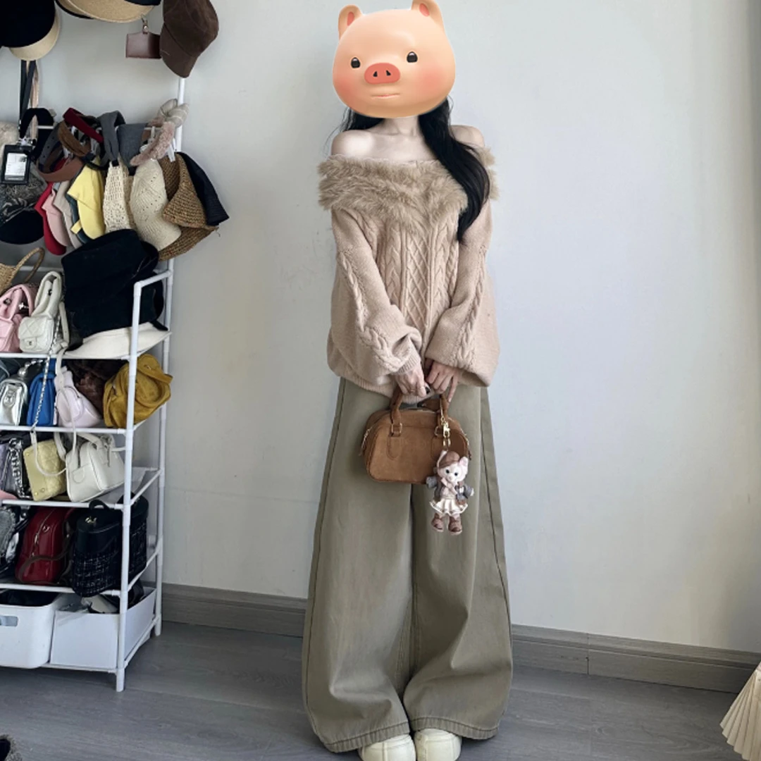 法式一字肩毛边拼接套头麻花毛衣女秋冬加厚慵懒风露肩针织衫上衣