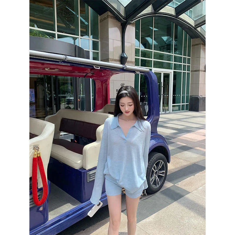 韩系老钱风松弛感女装气质polo领长袖T恤宽松百搭休闲短裤两件套
