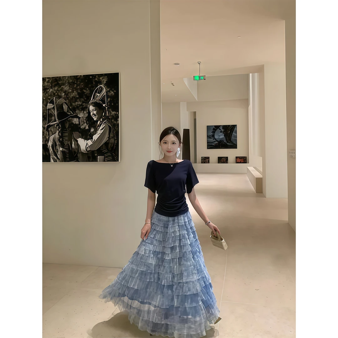 小众炸街高级感女装温柔风露背短袖夏季百搭扎染蛋糕裙两件套女装