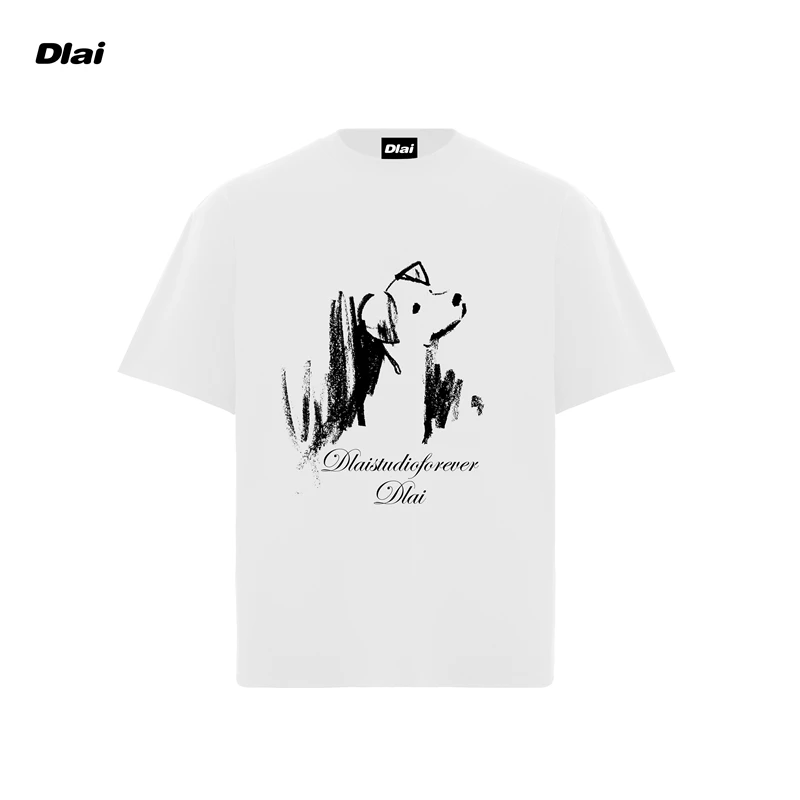 黑标DLAI（素描小狗）国潮重磅纯棉男女同款t恤美式短袖25新款直喷