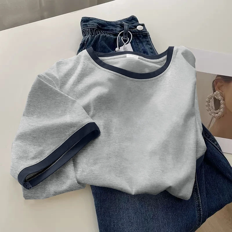 港风纯棉短袖t恤男款夏季百搭新款拼接情侣薄款垂感休闲大码体恤