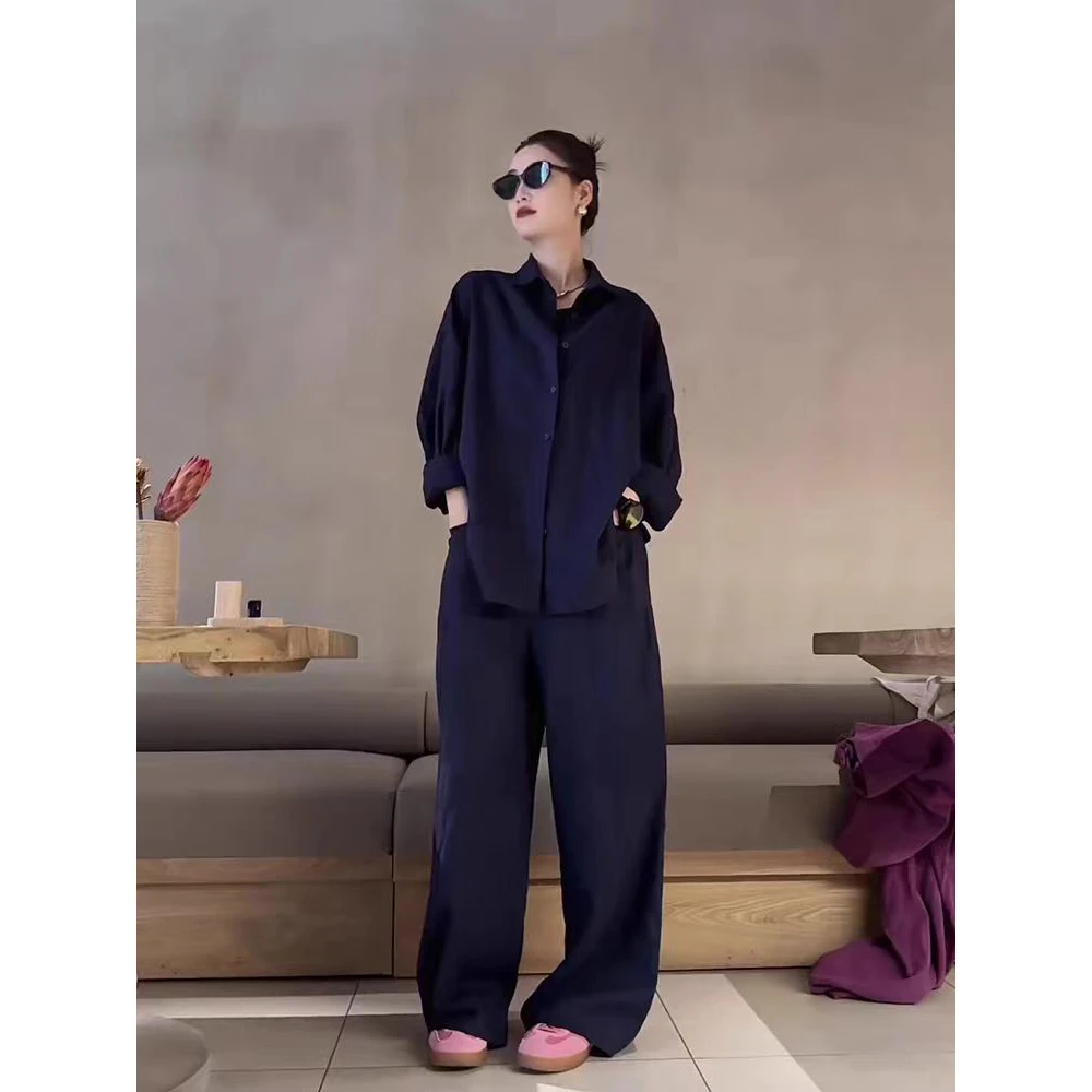 网图现货  老钱风时尚套装女藏青色慵懒宽松衬衫阔腿休闲裤两件套