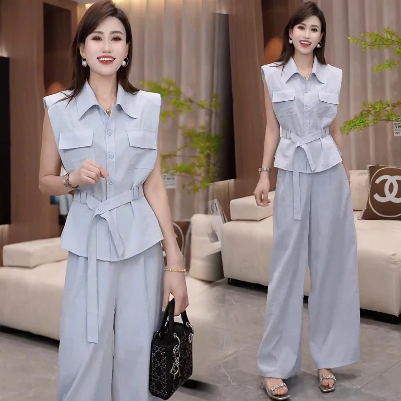 拉夏贝尔时尚套装夏季新款设计感衬衫无袖上衣高腰阔腿裤两件套