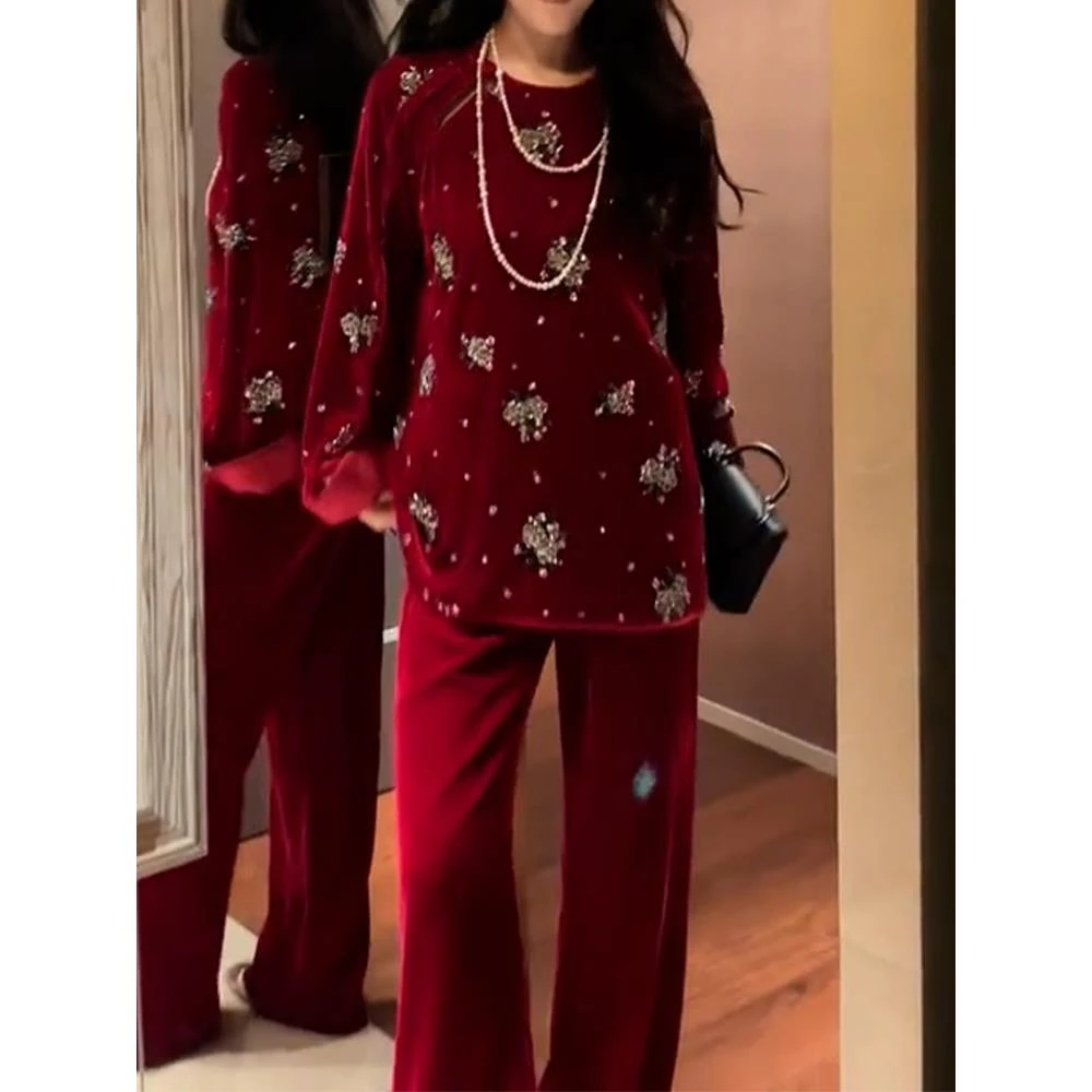 新年战袍新中式国风富家千金感穿搭红色丝绒上衣裤子套装女秋冬季