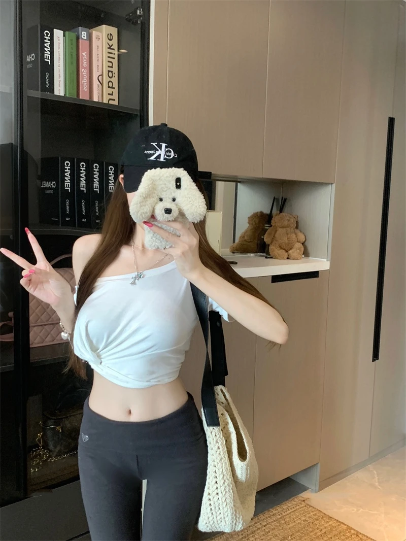 辣妹性感白色扭结短袖T恤女夏季新款纯欲风修身显瘦短款露肩上衣