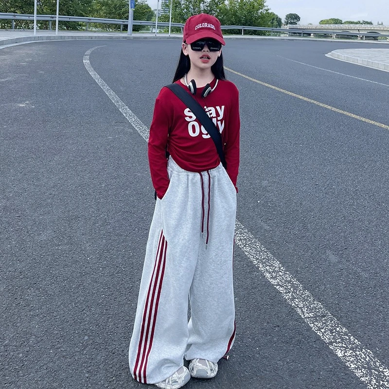 女童春秋新款长袖打底衫2025潮酷洋气韩版休闲拉条阔腿裤两件套潮