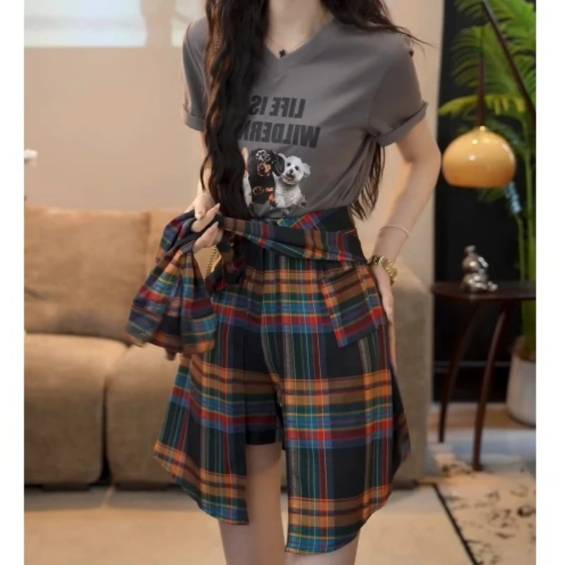 【角落的猫】复古短袖T恤上衣+格子半身裙两件套装LK2503288
