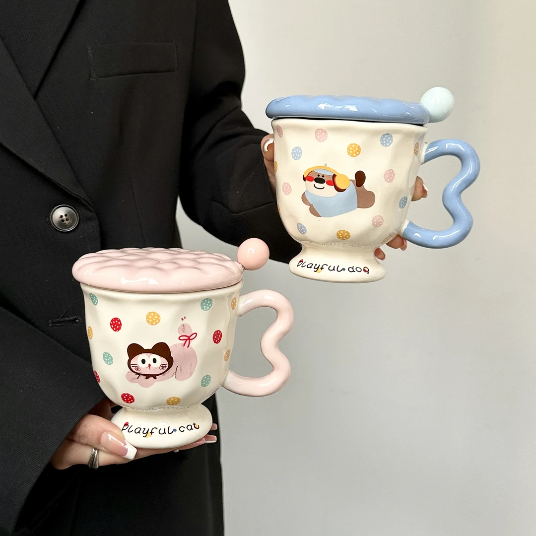 可爱波点小狗创意卡通水杯陶瓷马克杯带盖勺高颜值生日礼物送女生