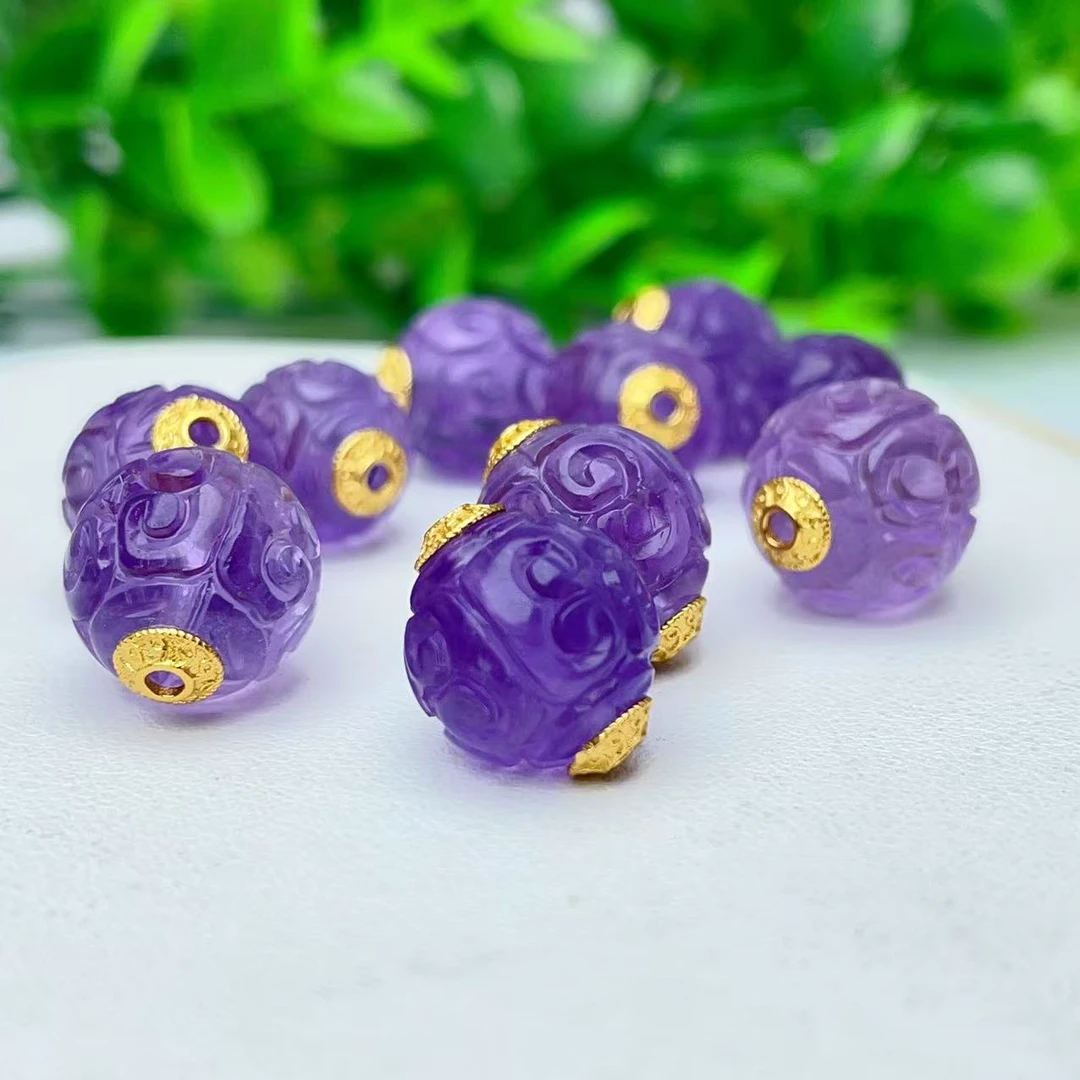 【萌宝饰品】A453天然紫水晶回纹圆珠雕刻顶珠约11-12mmDIY手串配件