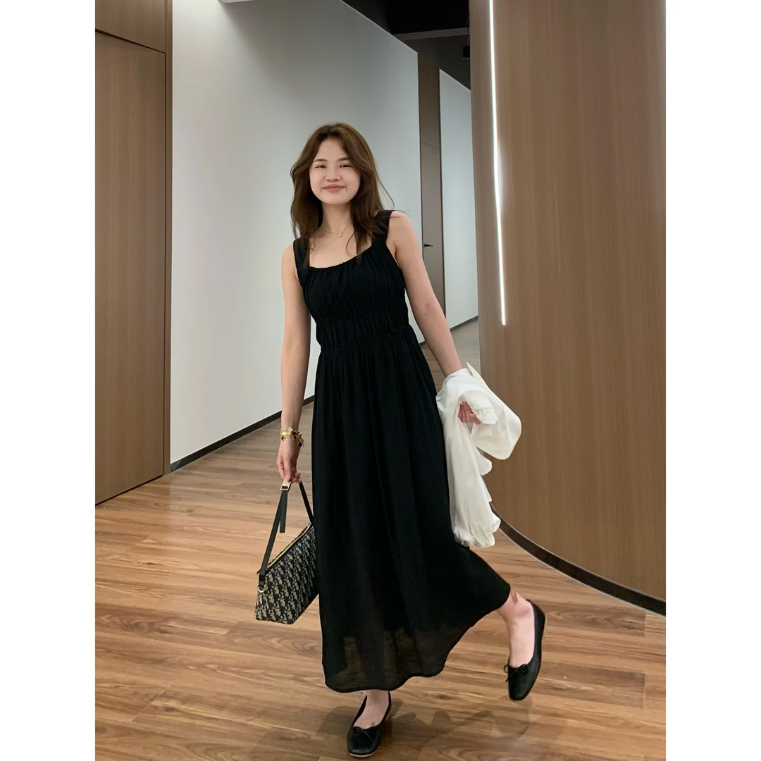 【折扣】YO定制气质打揽褶皱显白吊带裙夏季显瘦连衣裙长裙子