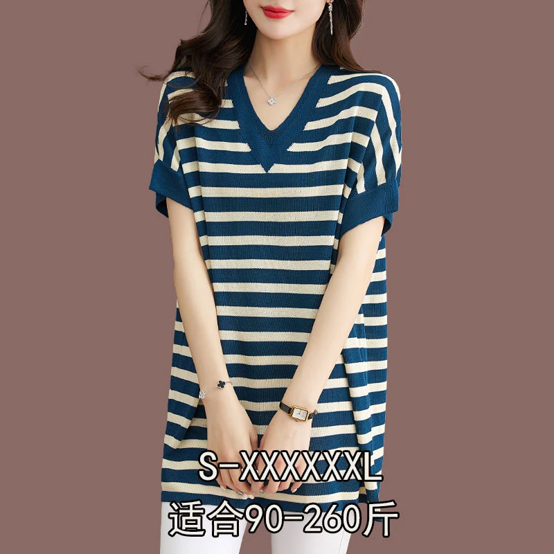 原单连衣裙女装清仓中长款条纹冰丝短袖T恤女宽松大码显瘦上衣