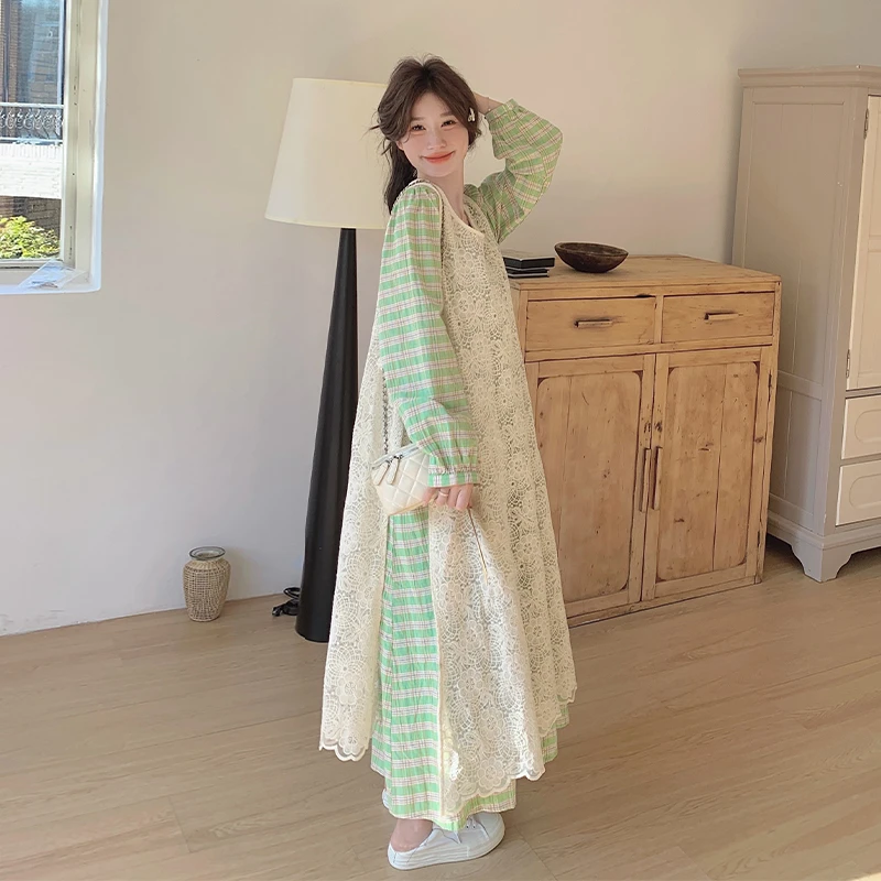 绿色格纹连衣裙女春季2025年新款小清新设计感叠穿长裙罩衫两件套
